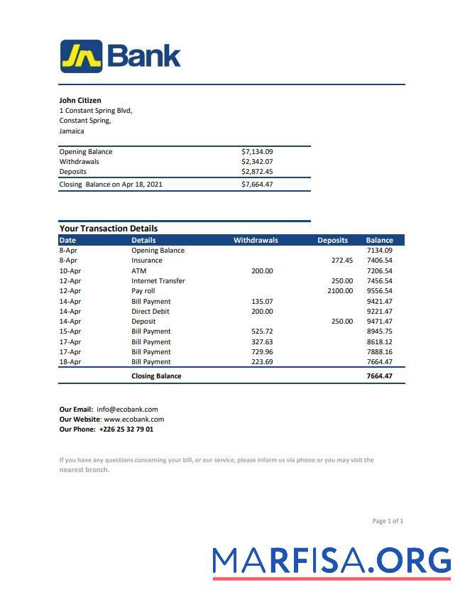 Downloadable Jamaica National bank statement excel sample